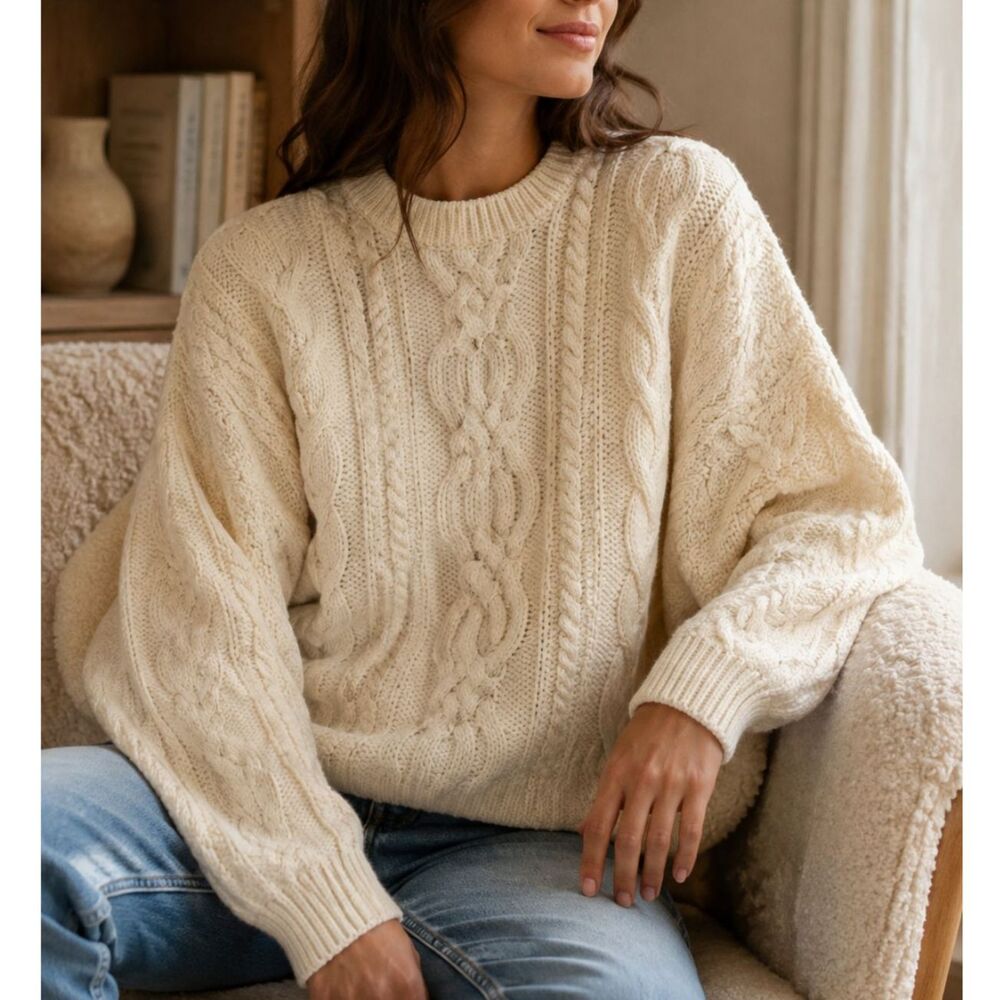 Vintage Aran Crafts Ireland 100% Wool Cable Knit Sweater L Heritage Fisherman